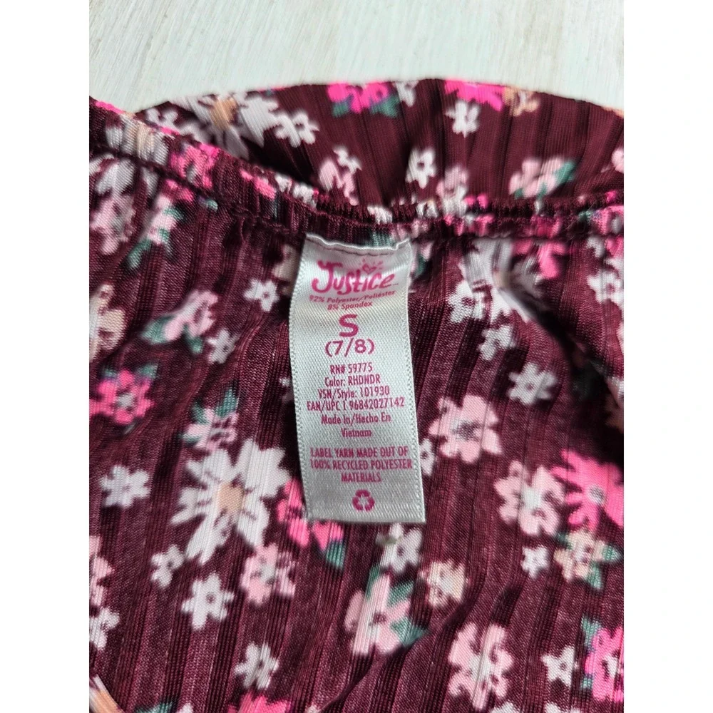 Justice Girls Floral Jumpsuit Burgundy Cold Shoulder Ruffle Wide Leg Size 7/8 S